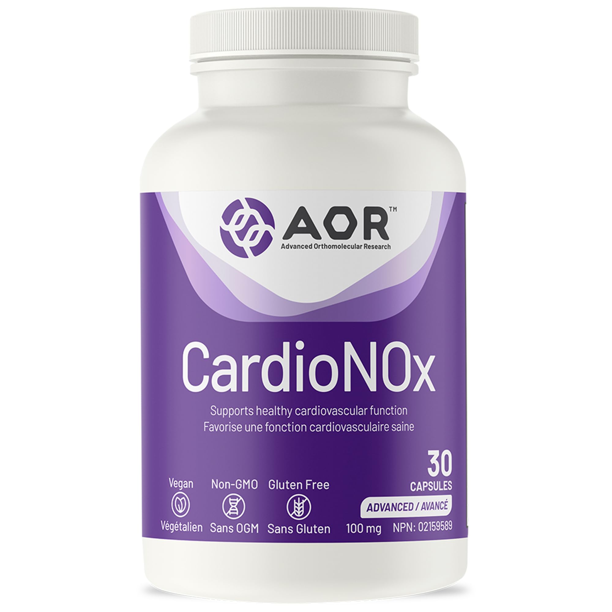 AOR CardioNOx Coenzyme Q10 100 mg, 30 capsules, 30 jours d'approvisionnement - Supplément de CoQ10, soutien de la vitalité cardiaque et de la circulation, soutien énergétique avec oxyde nitrique, formule ubiquinone, végétalien, sans OGM et sans gluten