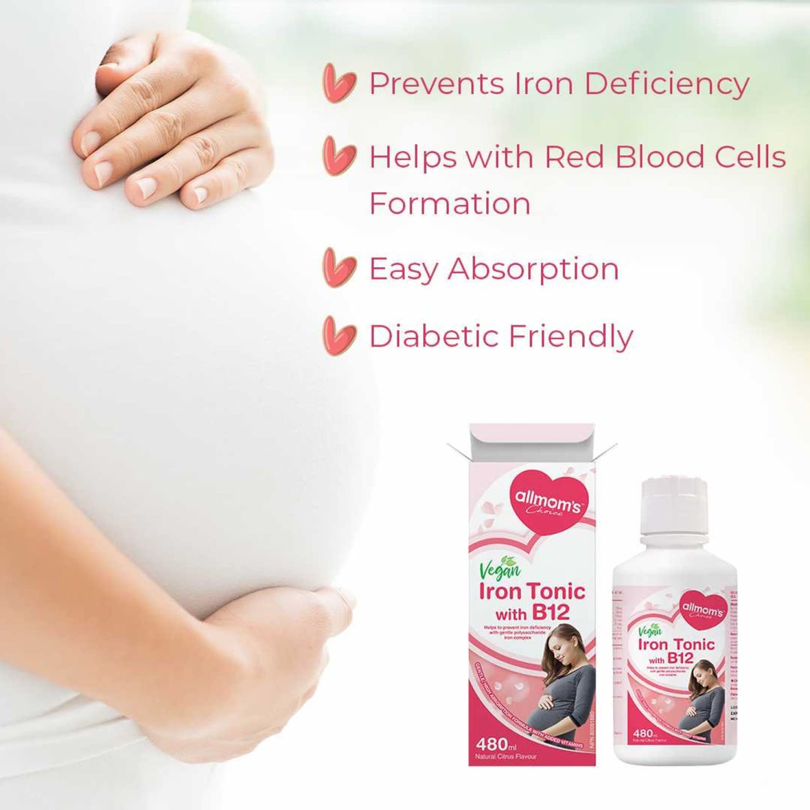 Supplément de fer liquide végétalien pour femmes enceintes avec les bienfaits de la vitamine B12 pour la formation de sang - Aide à prévenir la carence en fer avec un complexe de fer polysaccharidique doux pour l'estomac - 480 ml - Allmom's Choice