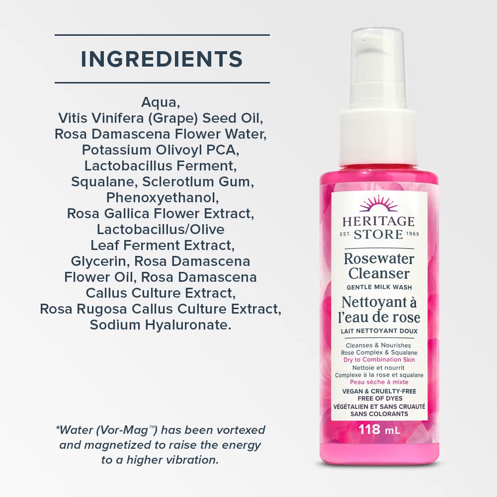HERITAGE STORE - Rosewater Cleanser | Gentle Milk Wash | Purifies and Nourishes | Rose Complex and Squalane | Vegan & Cruelty Free | Free of Dyes| Dry to Combination Skin Type | 118ml, Clear
