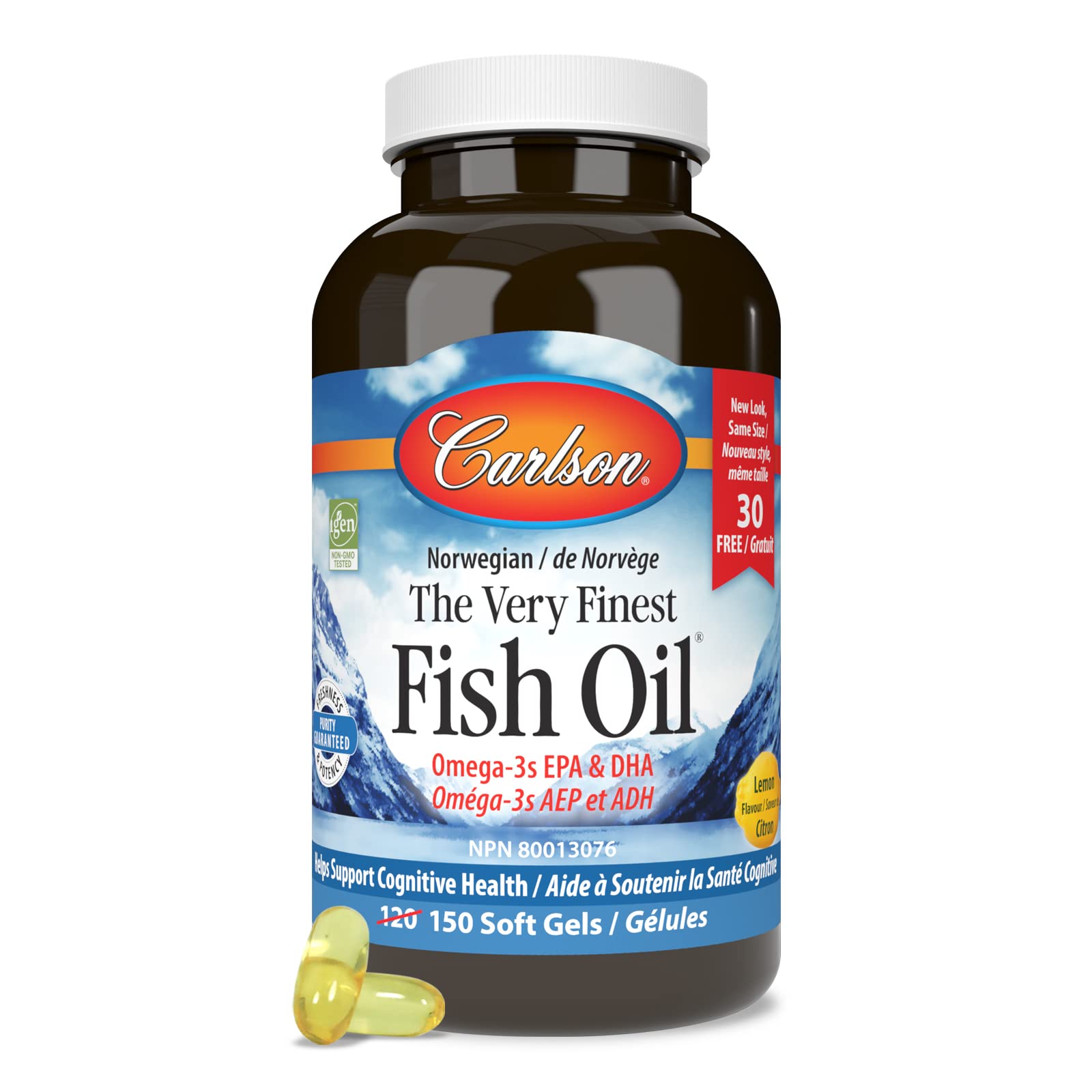 Carlson - Huile de poisson de très haute qualité, 350 mg d'oméga-3, supplément d'huile de poisson norvégienne, huile de poisson sauvage oméga-3, capsules d'huile de poisson issues de sources durables, supplément d'oméga-3