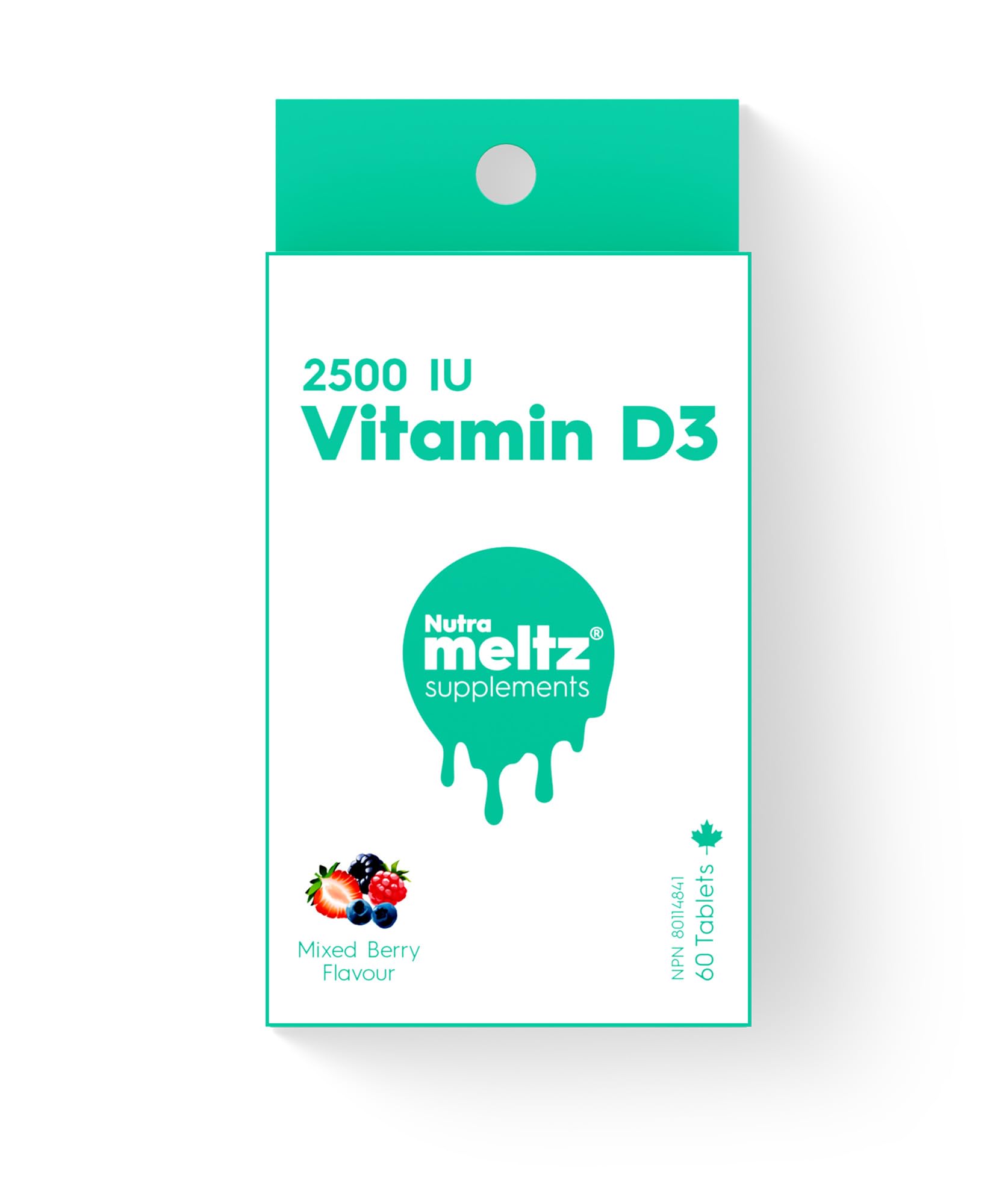 Nutrameltz Vitamin D3 2500 IU, 60 Quick-Dissolve Tablets with Mixed Berry Flavor 60-Day Supply - Melt-in-Mouth Supplement for Adults - Travel-Friendly - Sugar, Soy, Dairy & Gluten-Free - Canadian Made