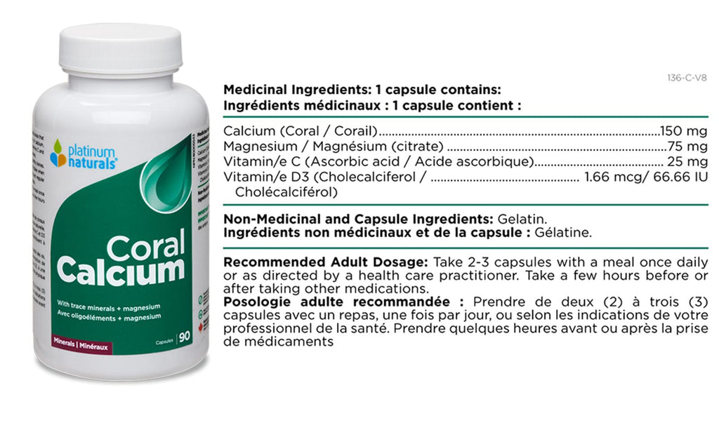 Platinum Naturals Coral Calcium 90 Capsules - Enhanced with Vitamin D3 for Absorption, Premium Calcium Magnesium Supplement With Trace Minerals, Supports Bone Health & Mineral Balance, Easy-to-Swallow Capsules