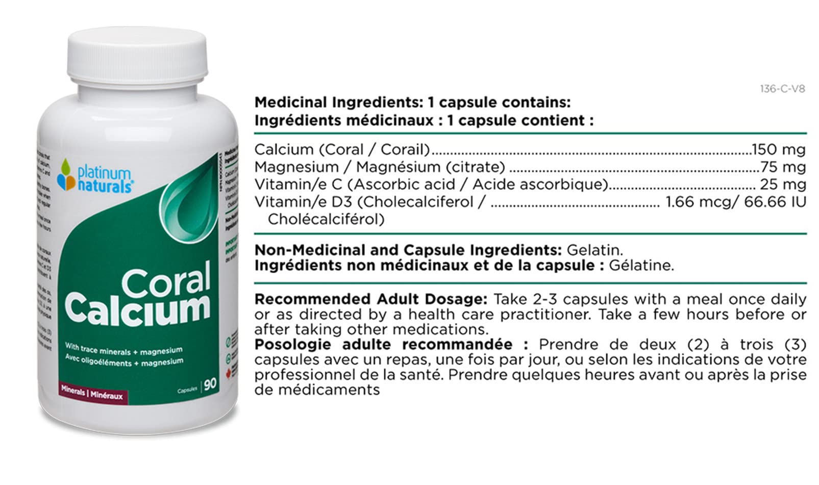 Platinum Naturals Coral Calcium 90 Capsules - Enhanced with Vitamin D3 for Absorption, Premium Calcium Magnesium Supplement With Trace Minerals, Supports Bone Health & Mineral Balance, Easy-to-Swallow Capsules