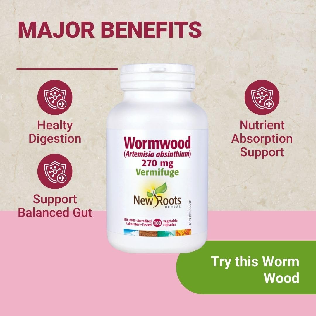 New Roots Herbal Absinthe 100 gélules végétales, Artemisia Absinthium Amertume Digestive, Soutient l'Appétit & la Digestion Sains Sans OGM, Approvisionnement de 33 jours, Fabriqué au Canada
