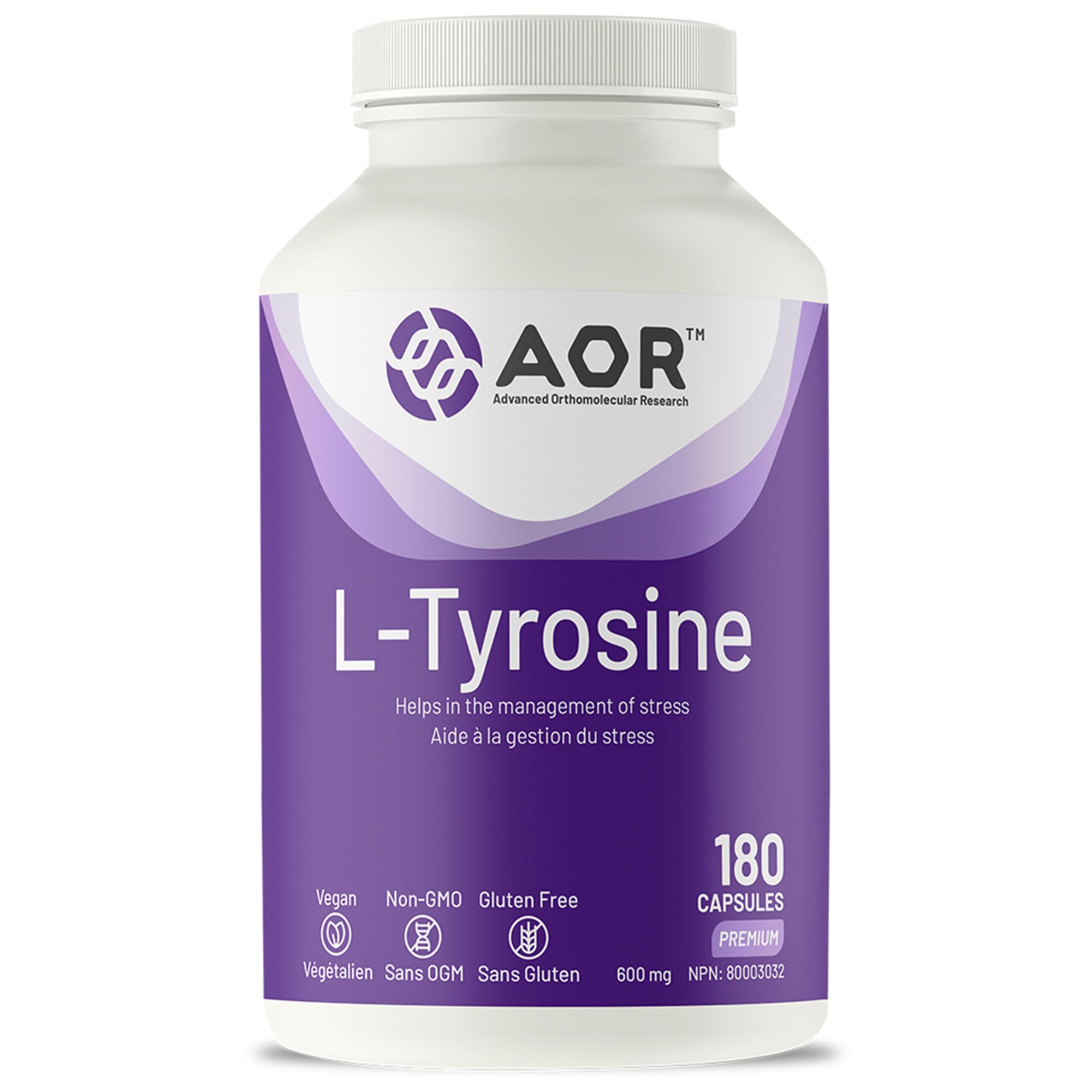 AOR L-Tyrosine 600mg 180 Capsules 30-Day Supply - Vegan, Non-GMO, Gluten-Free - L-Tyrosine Supplement to Support Brain Function, Promote Focus, Mental Clarity, Cognitive Performance and Restful Sleep