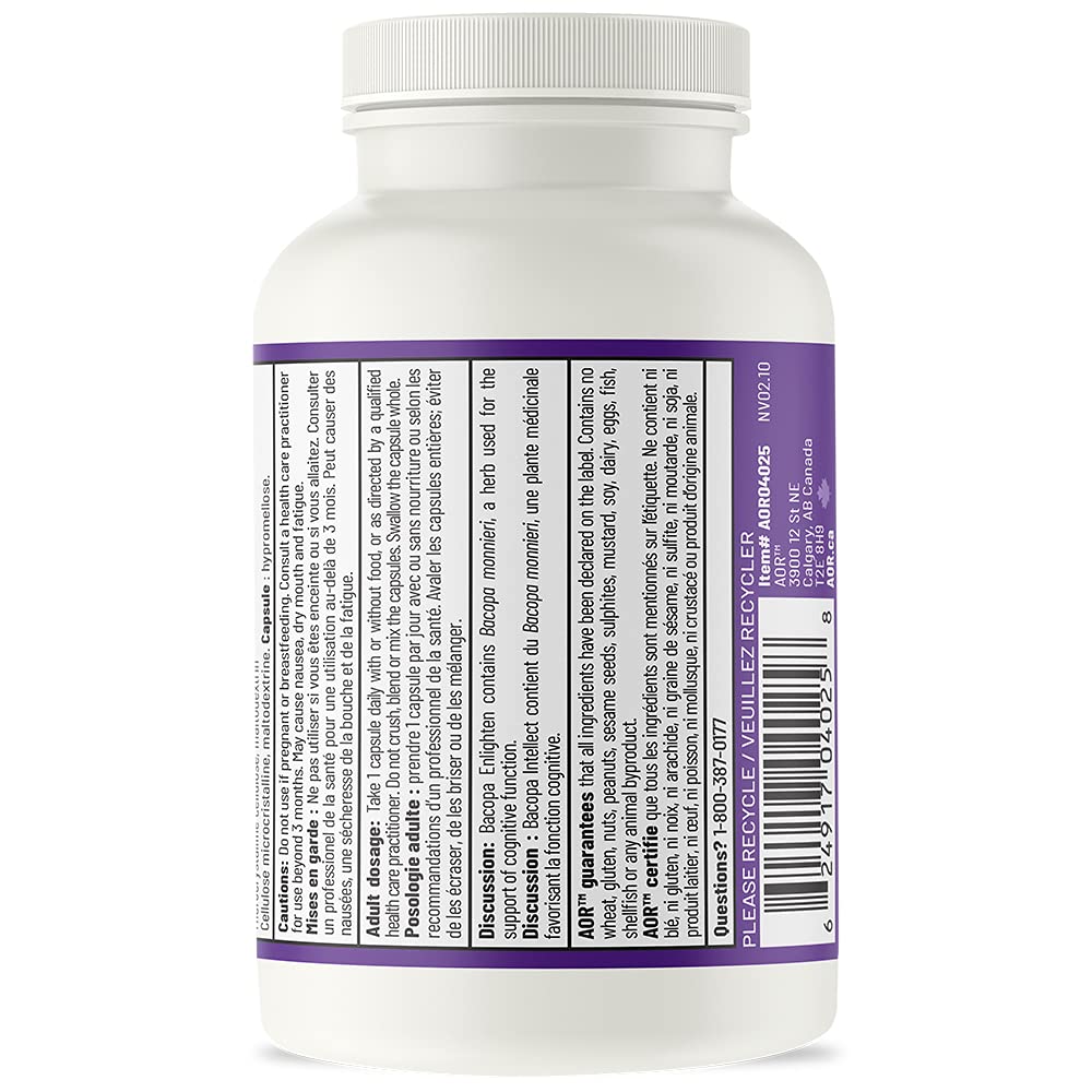AOR Bacopa Enlighten 300mg - Supplément végétalien et sans gluten pour le soutien cognitif, la clarté mentale et la relaxation, extrait de Bacopa Monnieri, favorise la concentration et un sommeil réparateur