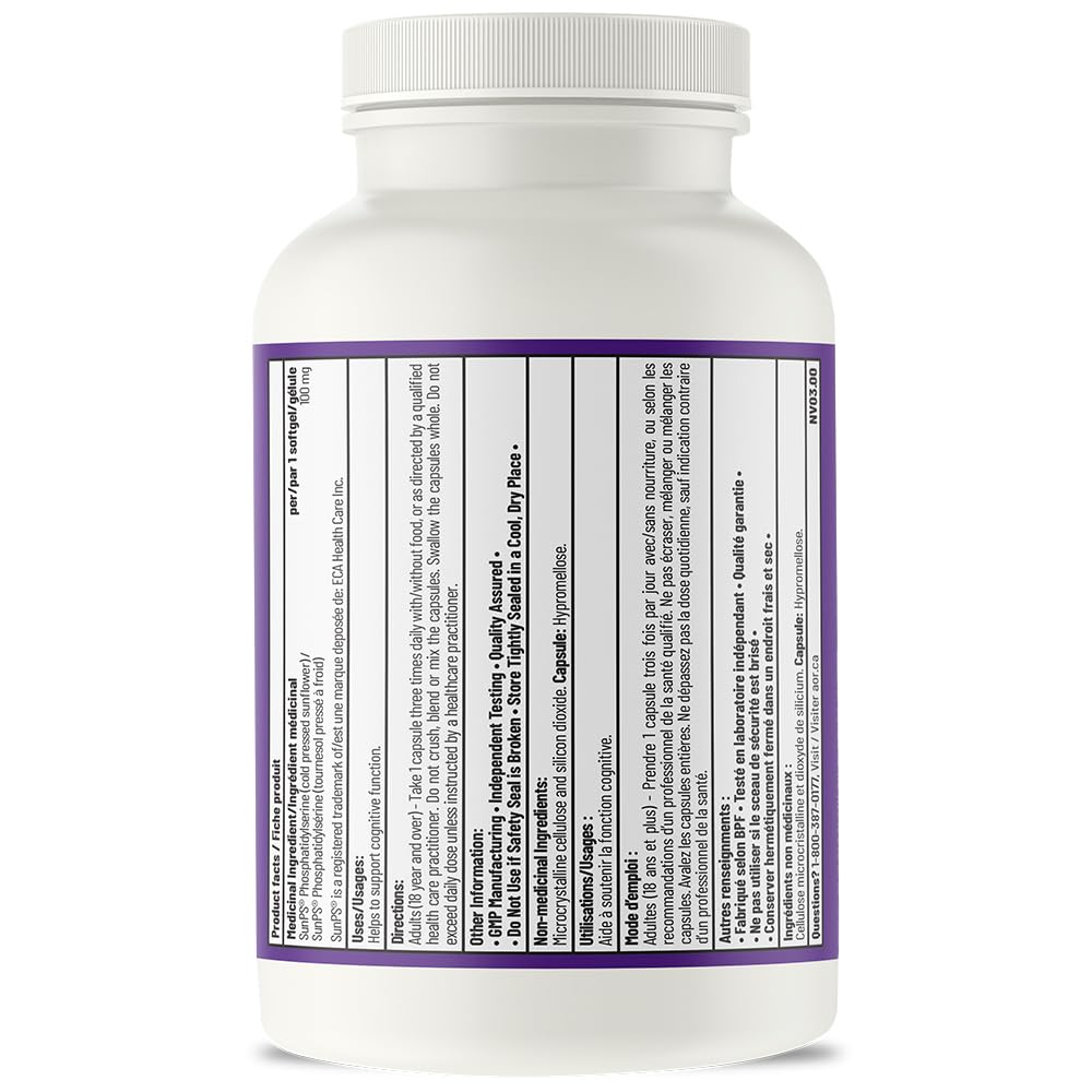AOR - PS-100 Phosphatidylserine 100mg, 60 gélules - Supplément de phosphatidylsérine pour la santé de la mémoire, suppléments de concentration et supplément cognitif - Suppléments de soutien cérébral pour la mémoire et la concentration