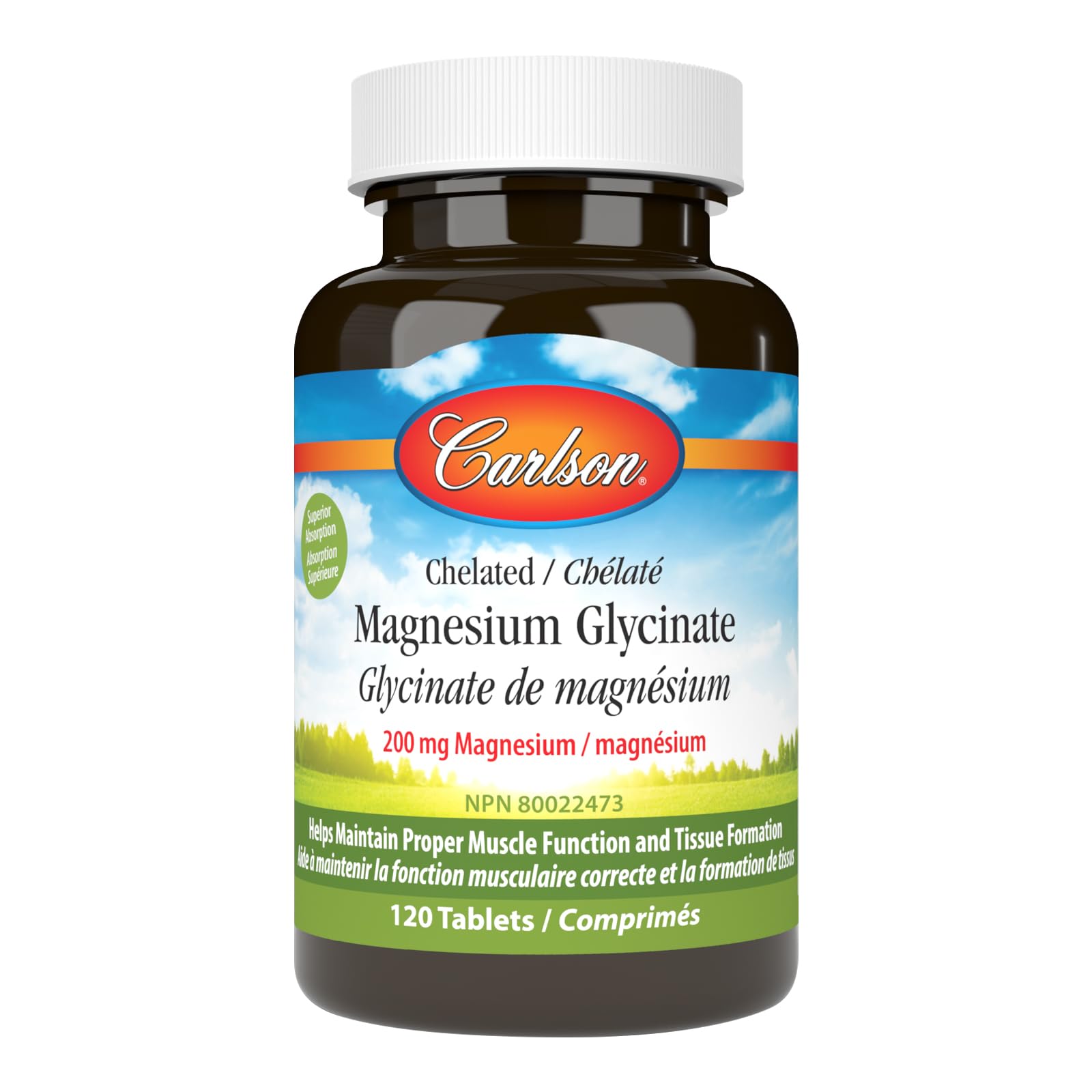 Carlson - Glycinate de magnésium chélaté, 200 mg, Absorption supérieure, Comprimés de magnésium, 120 comprimés