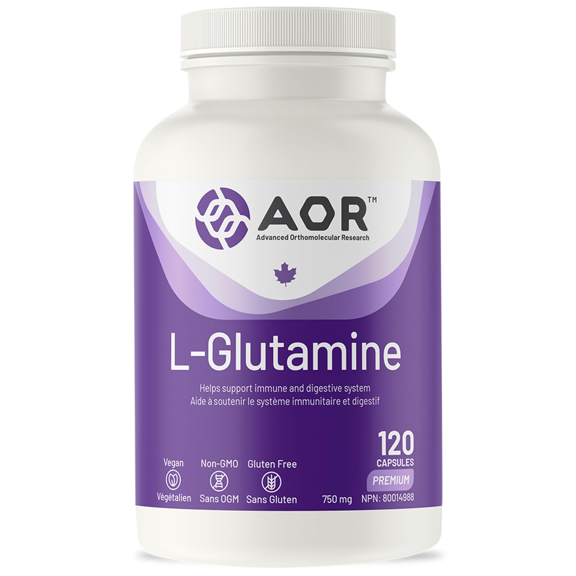AOR L-Glutamine 750mg, 120 Gélules - Supplément de L-Glutamine pour la Santé Intestinale et la Récupération, Soutient le Confort Digestif - Végétalien, Sans Gluten et Sans OGM - Idéal pour les Modes de Vie Actifs