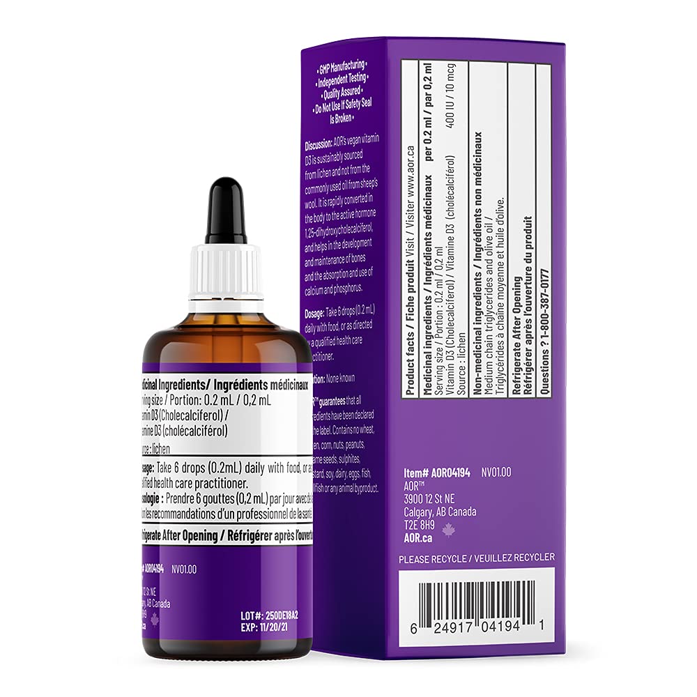 AOR Kids Vitamin D3 Drops, Unflavoured, Vegan, 400 IU, 50 ml, 250 Servings