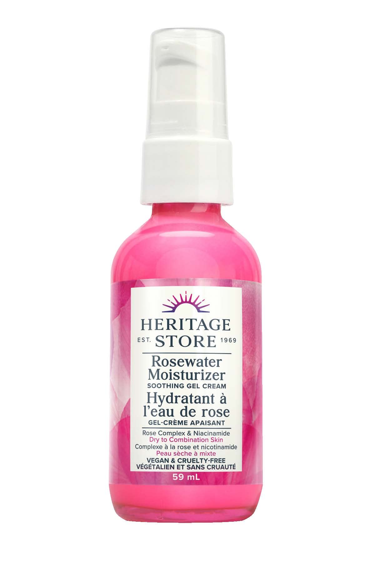Heritage Store - Hydratant à l'eau de rose | Gel crème apaisant | Complexe de rose et niacinamide | Végétalien et sans cruauté animale | Peaux sèches à mixtes | 59 ml, transparent