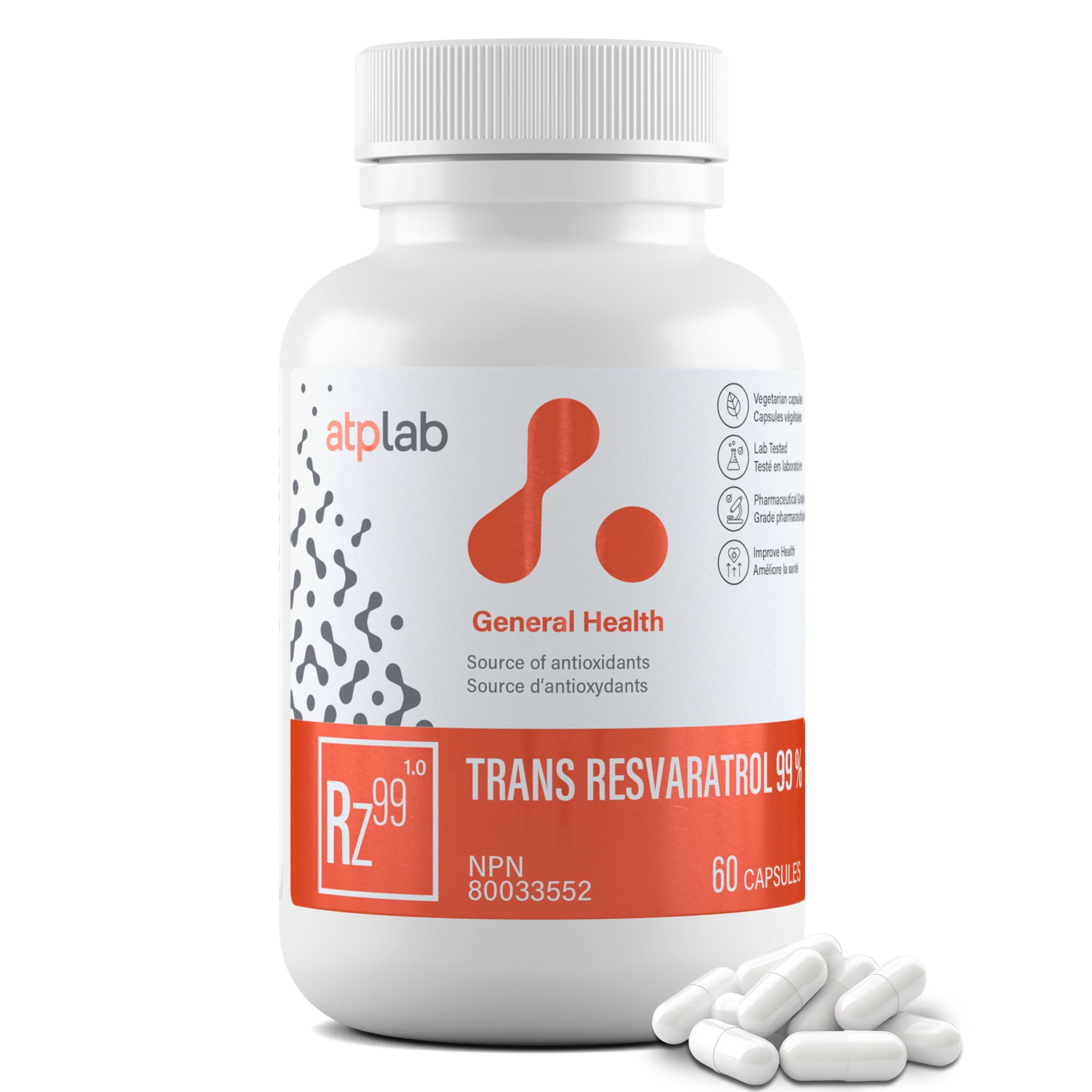 ATP LAB - Trans-resvératrol 99% 60 gélules - 60 jours d'approvisionnement - Supplément d'antioxydants - Soutien du système immunitaire - Supplément de trans-resvératrol - Peau éclatante et soutien immunitaire