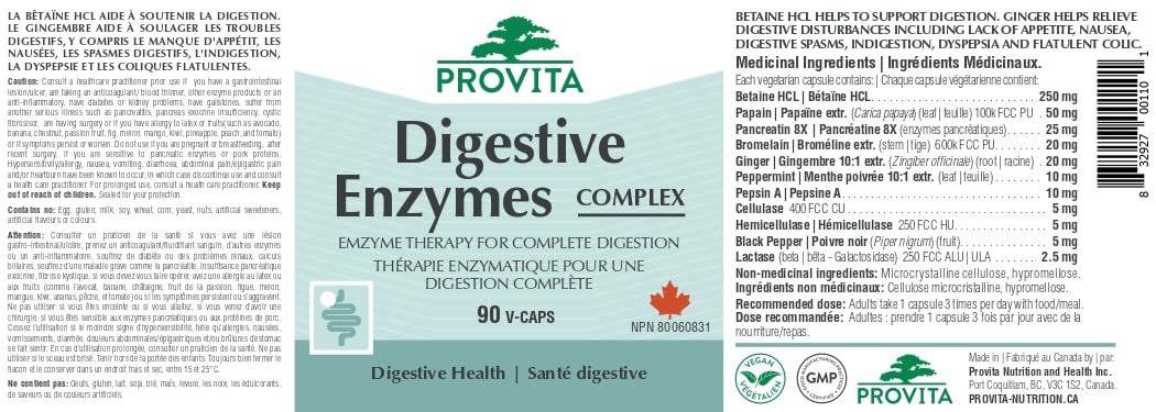 Complexe d'enzymes digestives par Provita Nutrition (Fabriqué au Canada) 90 gélules végétariennes