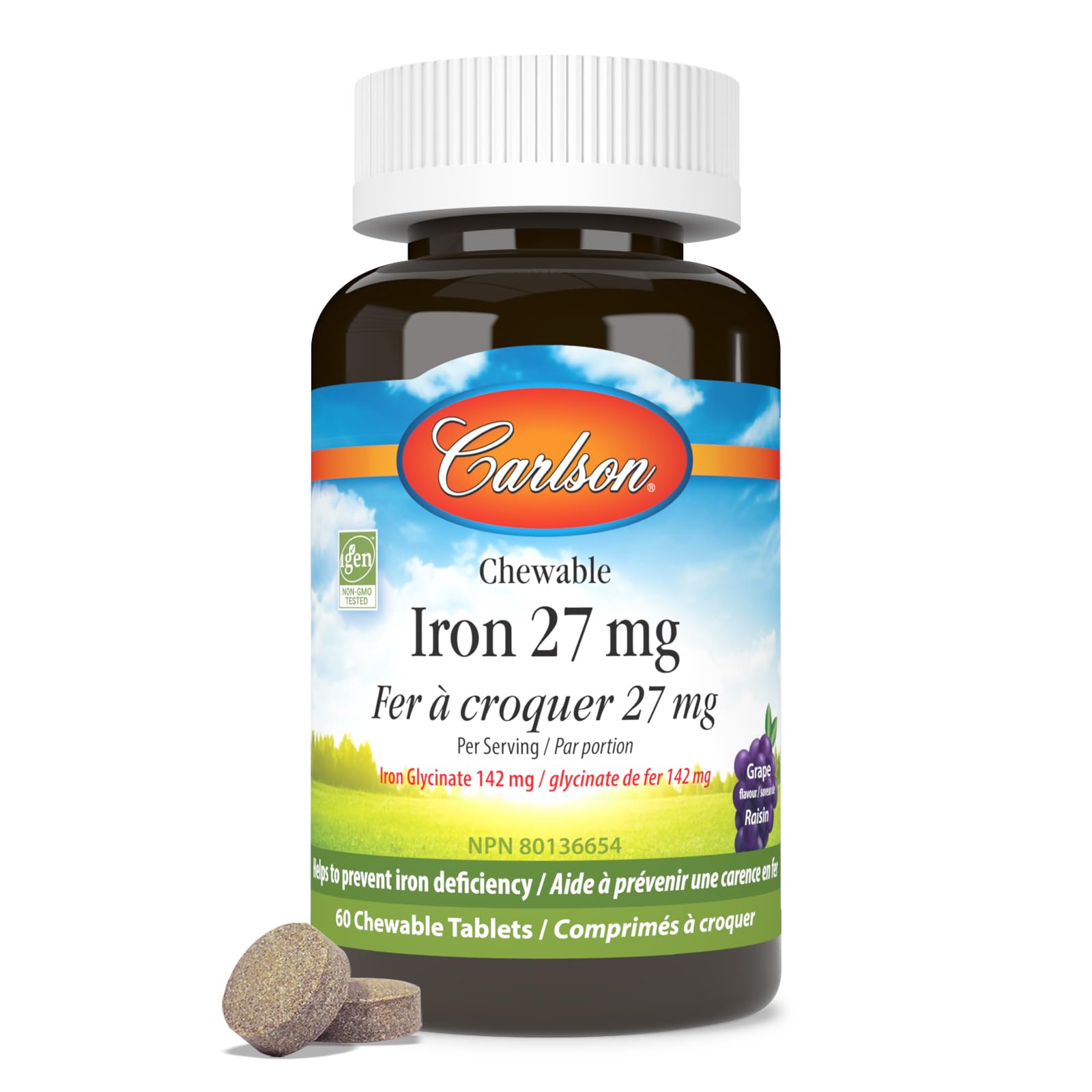 Carlson - Fer à croquer, 27 mg, Absorption supérieure, Production d'énergie, Bien-être optimal, Sans OGM, Raisin, 60 comprimés à croquer