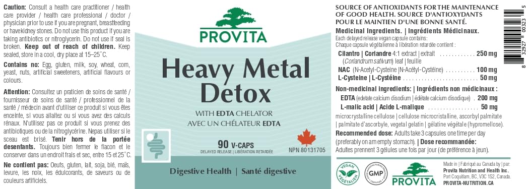 Provita Heavy Metal Detox Supplement with EDTA, Cilantro, NAC, L-Cysteine and Glutathione | Supports Natural Detox Pathways, Antioxidant Defense, and Cellular Health | Vegan, Non-GMO, Delayed Release Capsules | 90 Count