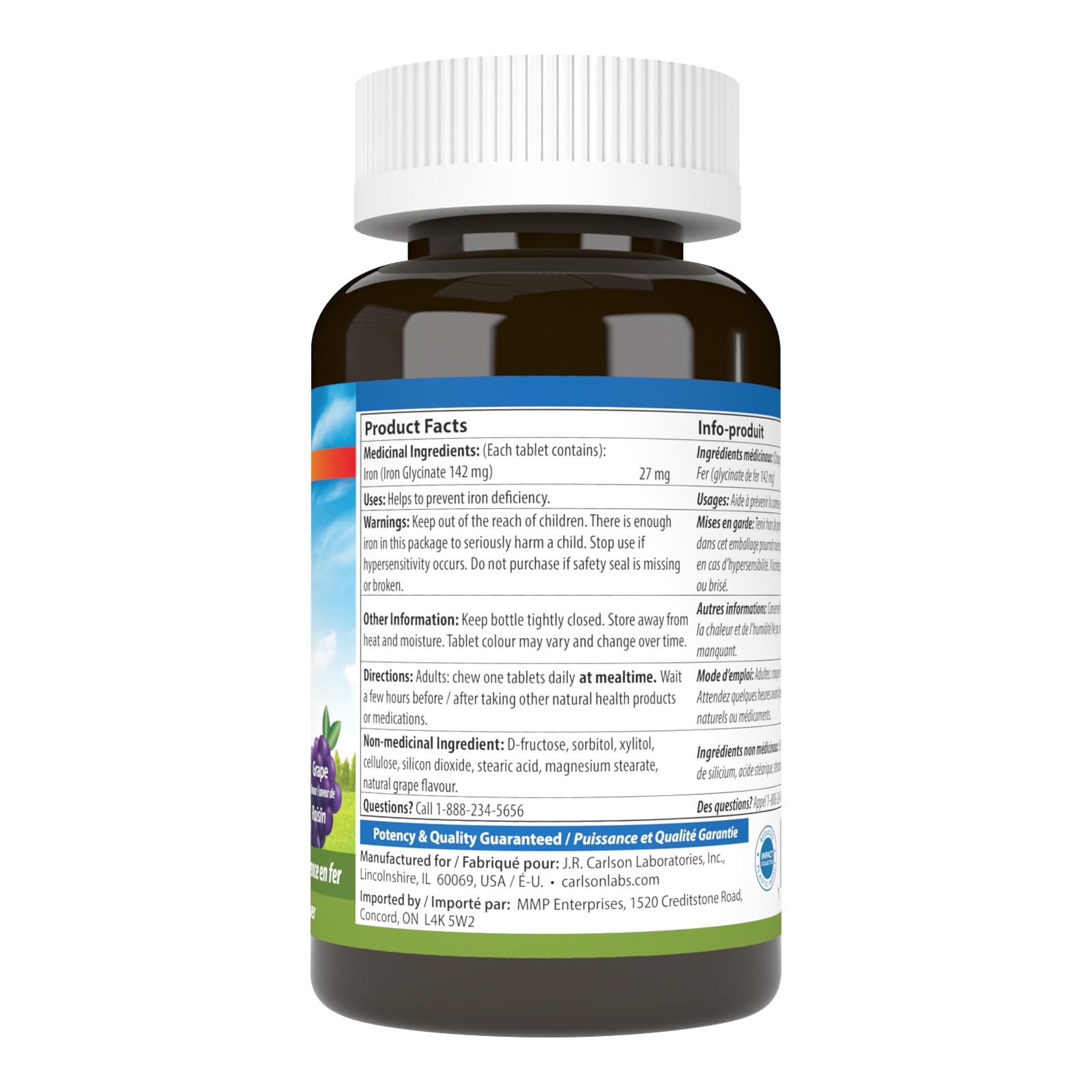Carlson - Fer à croquer, 27 mg, Absorption supérieure, Production d'énergie, Bien-être optimal, Sans OGM, Raisin, 60 comprimés à croquer
