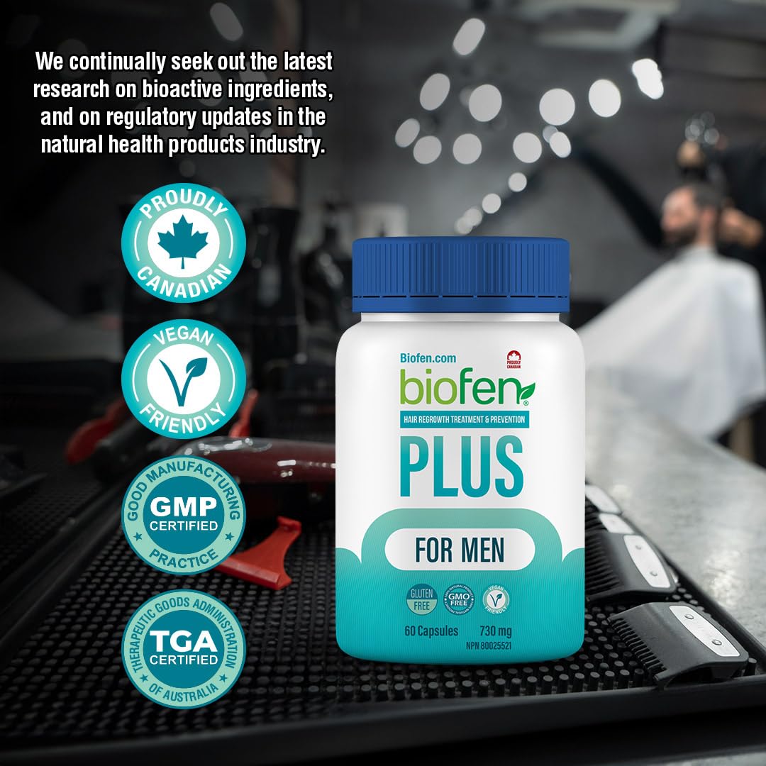 Biotin for Hair Growth Supplement with Vitamins B2, B3, B6, Saw Palmetto, Fenugreek Seed, Flax Lignan, & Biotin for Hair Regrowth for Men, Hair-loss Treatment and Prevention, Made in Canada