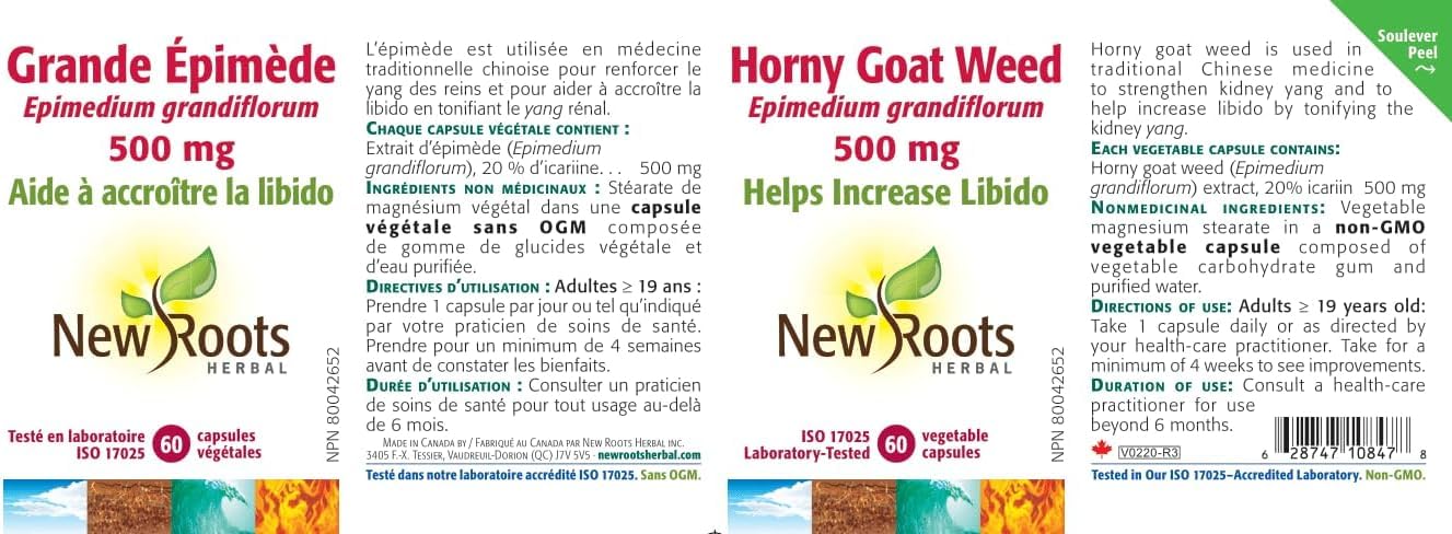 New Roots Herbal Horny Goat Weed 500 mg, 60 capsules végétales, approvisionnement de 60 jours - Soutient la vitalité et le bien-être, formule de performance améliorée avec 20 % d'Icariine, sans gluten, sans OGM, fabriqué au Canada