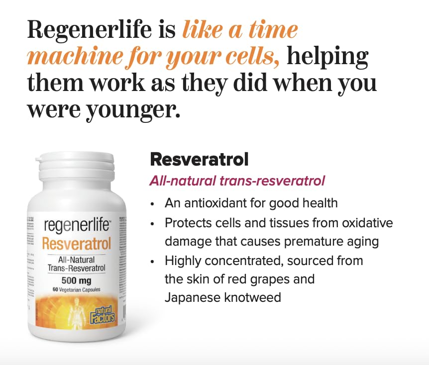 Natural Factors Regenerlife Resveratrol 500 mg, 60 Vegetarian Capsules, All-Natural Trans-Resveratrol, Potent Antioxidant, Supports Healthy Aging, Proudly Canadian