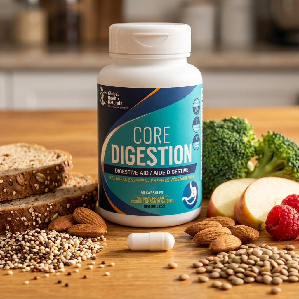 Global Health Naturals Core Digestion 90 gélules végétariennes, 30 jours de traitement, enzymes digestives douces, mélange de 12 souches pour femmes et hommes, fabriqué aux États-Unis