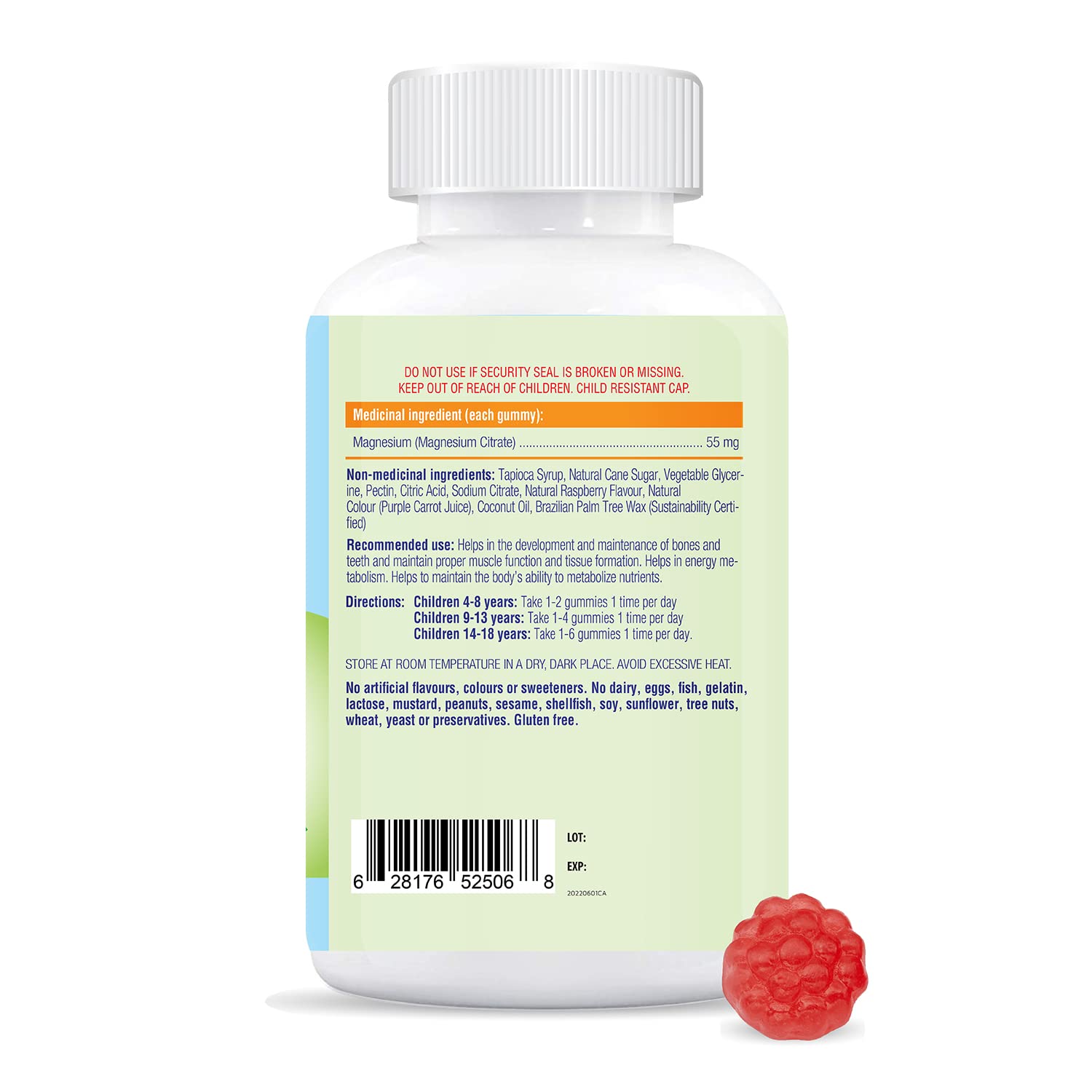 allKiDz Magnesium Gummies for Kids Children Sleep Mood Relaxing Supplement, Made in Canada, 55mg Magnesium Citrate per Gummy, Vegan Pectin Plant-based, Great Tasting Better Absorption, Raspberry Flavours, 80 Count