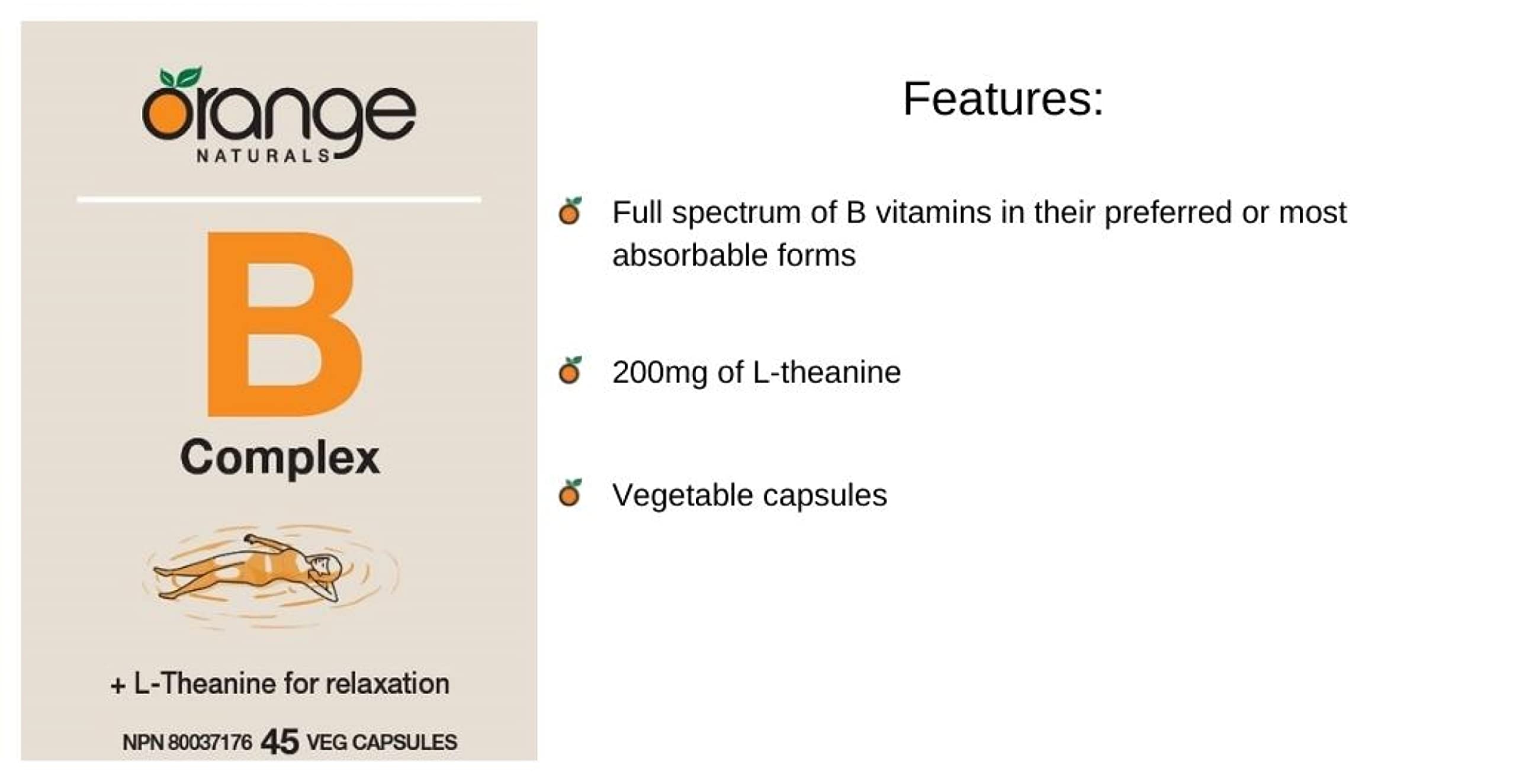 Orange Naturals - Complexe de vitamines B avec L-Théanine, 45 capsules pour 45 jours - Supplément de vitamines du complexe B à base de coenzymes - Spectre complet de vitamines B - Améliore l'énergie, le sommeil et favorise la relaxation mentale