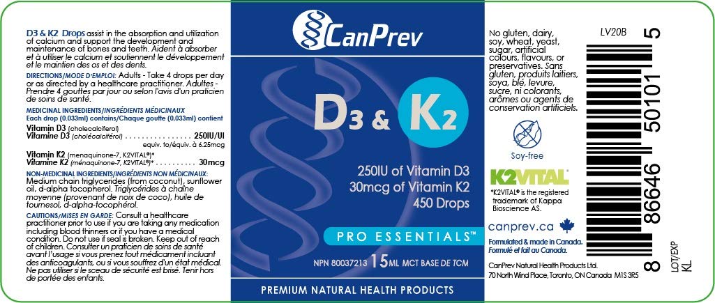 CanPrev Vitamin D3 K2 Drops, Fast Absorbing, MCT Base, 15ml, 112 Day Supply