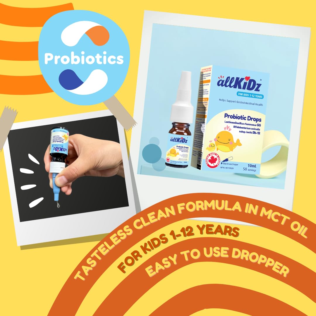 allKiDz Probiotic Drops for Infants Babies Toddlers Kids Children, Made in Canada, Liquid Supplement for Immune & Digestive Health, Lactobacillus rhamnosus GG + Bifidobacterium animalis Bb-12, 2 Billion CFU, No Preservatives, No sugar, Unflavoured, 10 Mil