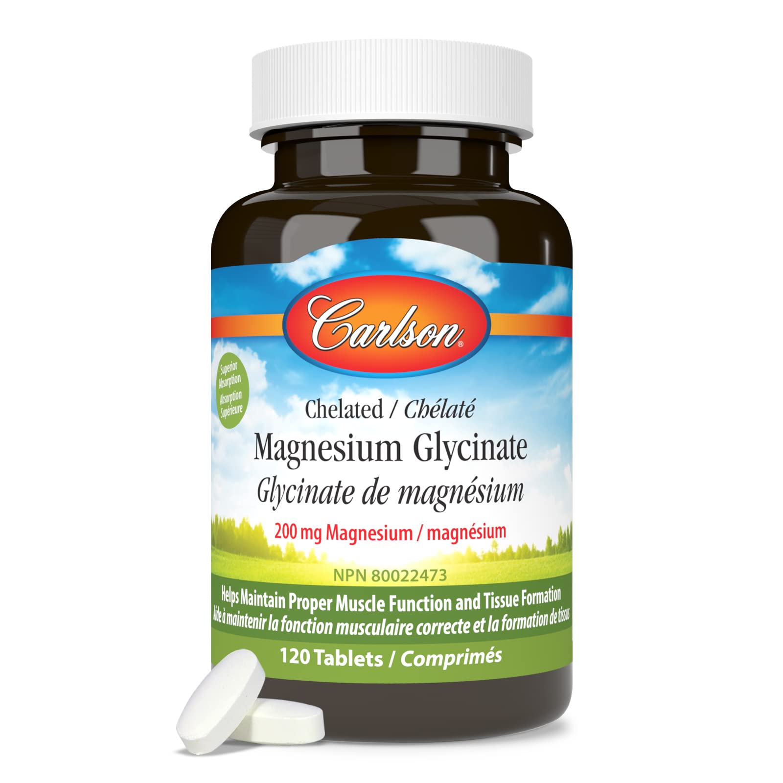 Carlson - Glycinate de magnésium chélaté, 200 mg, Absorption supérieure, Comprimés de magnésium, 120 comprimés