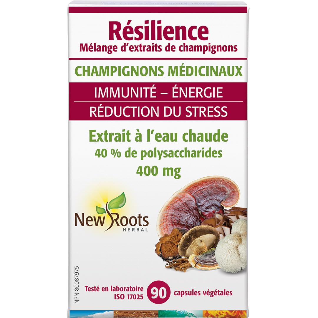 Mélange d'extraits de champignons New Roots Herbal Resilience, 90 capsules végétales, complexe de 7 champignons avec Reishi, Crinière de lion, Cordyceps, Chaga, Shiitake, Maitake et Coriolus, 40 % de polysaccharides