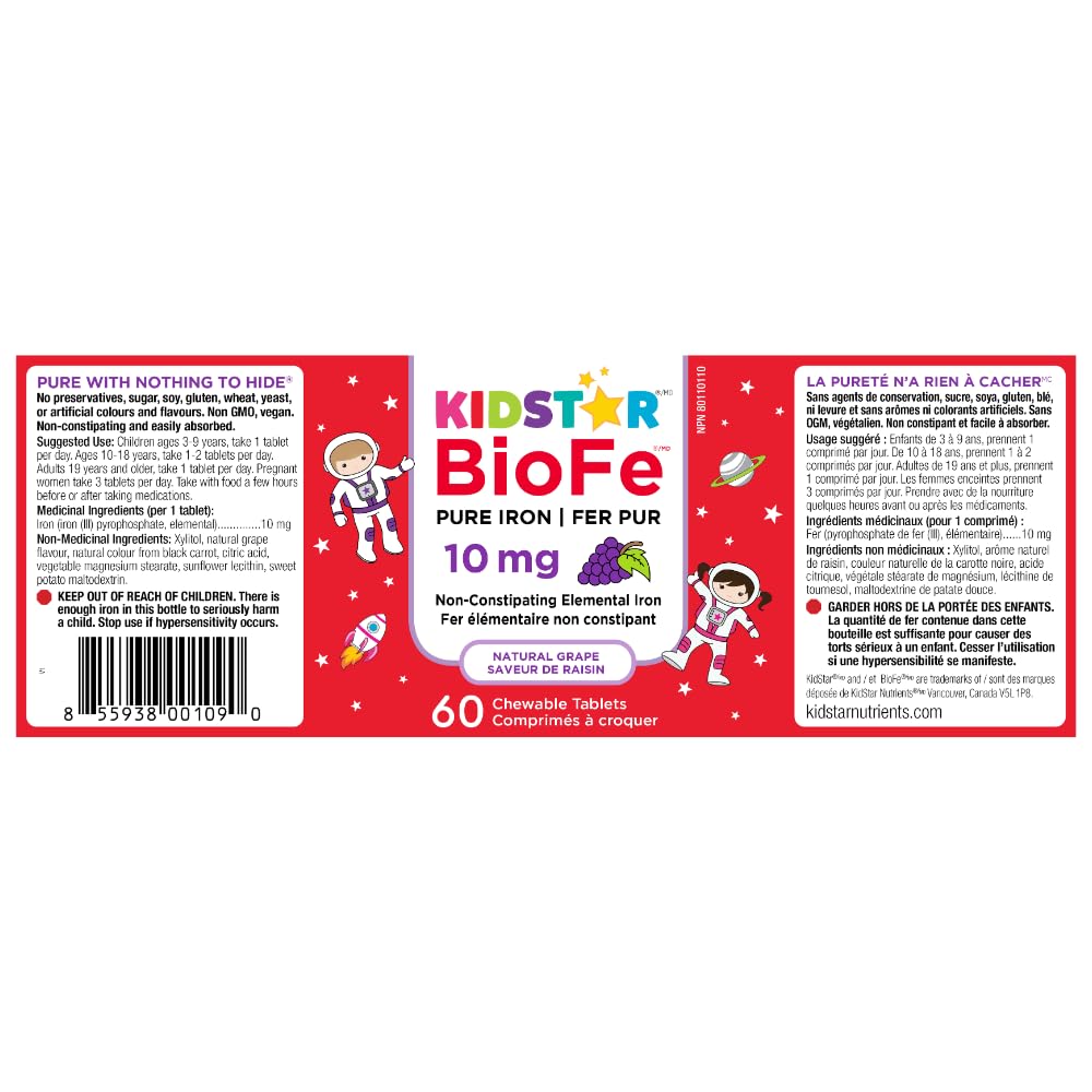 Kidstar Nutrients - BioFe Pure Iron 10mg, 60 Chewable Tablets 60-Day Supply - Natural Grape Flavour - Helps to Prevent Iron Deficiency Anemia - Non-Constipation - Vegan, Non-GMO, Gluten and Sugar-Free