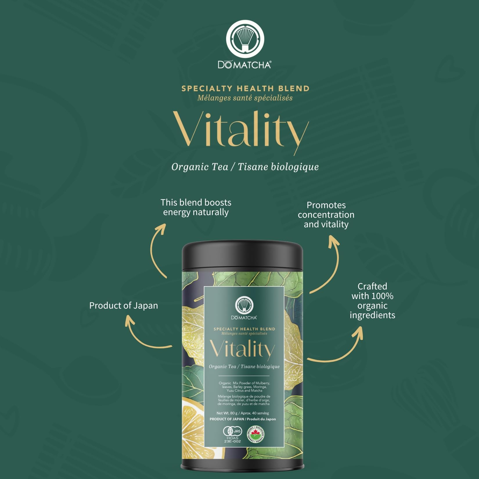 DoMatcha Vitality Blend - Health Superfood, 80g 40-Servings - Moringa, Mulberry Leaves, Barley Grass, Yuzu, and Organic Matcha Green Tea Powder - Japanese Certified - Product of Japan