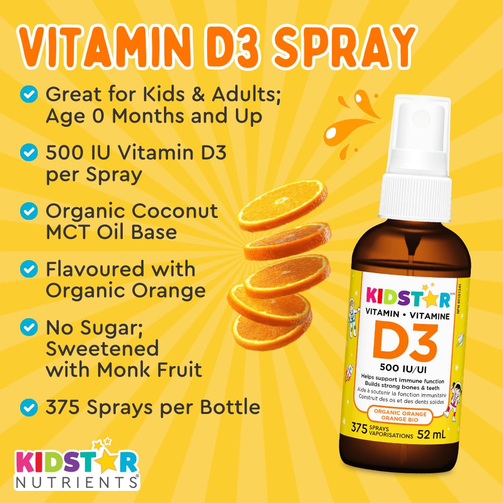KidStar Nutrients - Vitamin D3 Spray 500 IU, 52ml Liquid 375-Servings, Organic Orange Flavour - Cholecalciferol Vitamin D3 with Calcium for Bone Health, Teeth Health & Immune System Support - No-Sugar