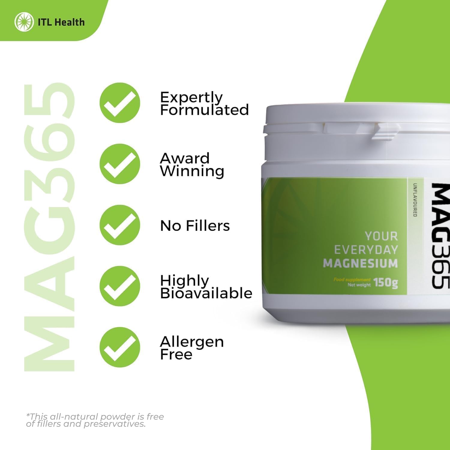 MAG365 ITL Health Ionic Magnesium Citrate 150g Powder 38-Servings, Unflavored - Natural Citrus Taste - Magnesium for Balanced Metabolism and Support Strong Bones - Muscle Function and Heart Wellness