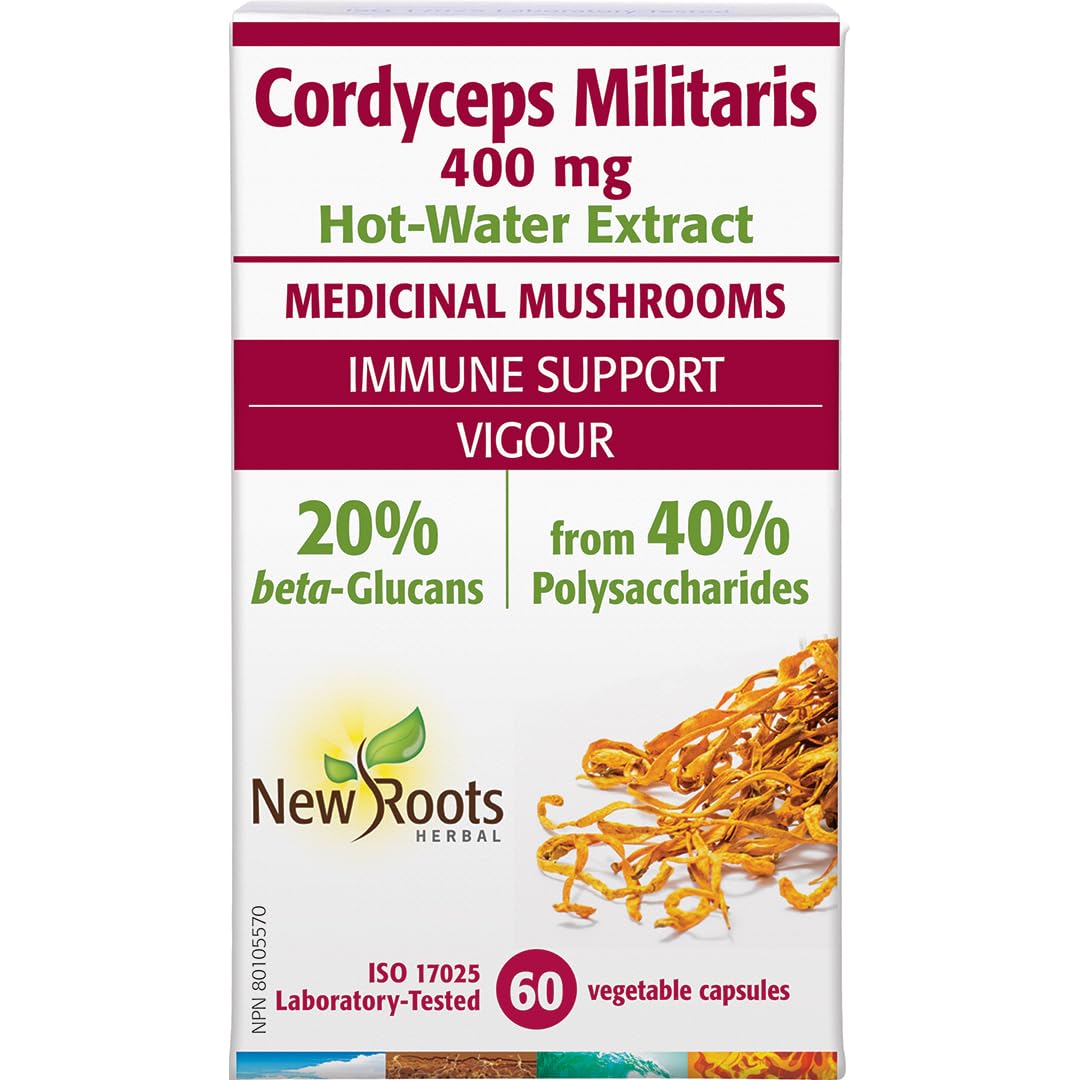 New Roots Herbal Cordyceps Militaris 400mg, 60 Veg Capsules 30-Day Supply - Hot-Water Extract, 20% Beta-Glucans from 40% Polysaccharides, Mushroom Supplement for Energy, Endurance & Vitality, Non-GMO