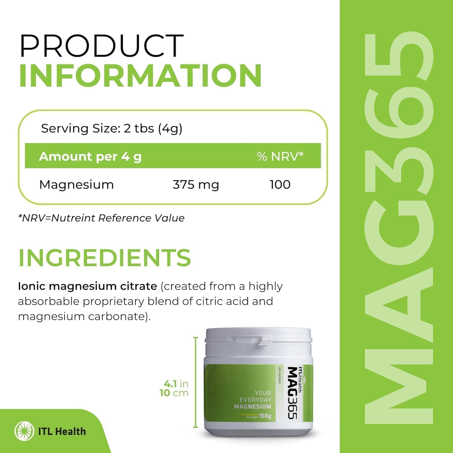MAG365 ITL Health Ionic Magnesium Citrate 150g Powder 38-Servings, Unflavored - Natural Citrus Taste - Magnesium for Balanced Metabolism and Support Strong Bones - Muscle Function and Heart Wellness