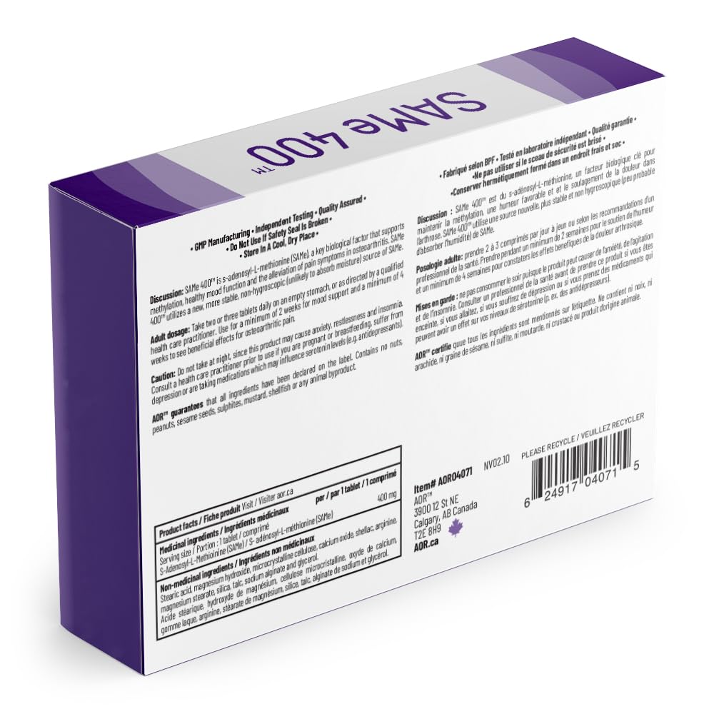 AOR SAMe 400 mg Tablets for Adults, Vegetarian, Gluten Free, 30 Tablets