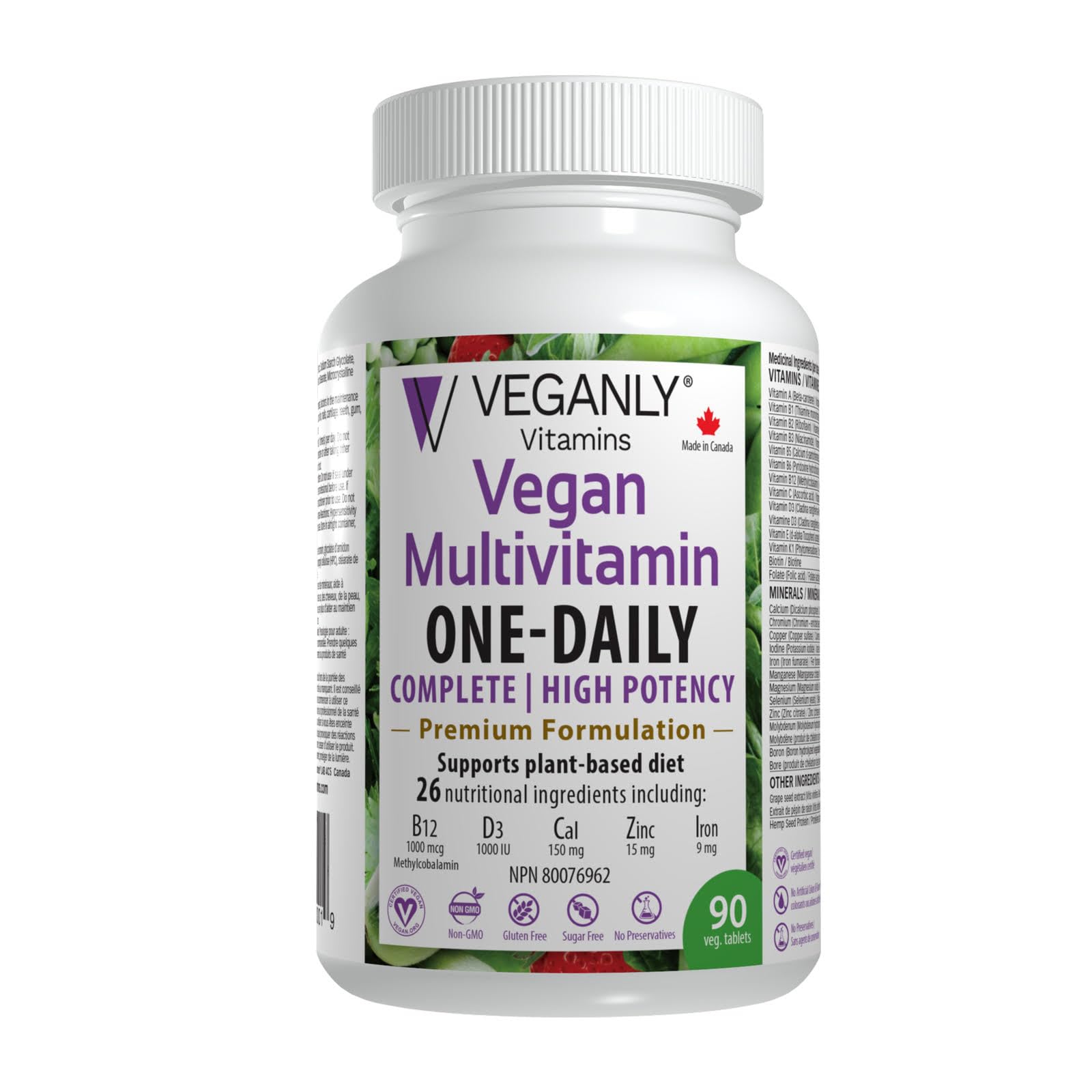 VEGANLY Vegan Multivitamin One-Daily for Plant-based Diets. Canadian. High potency in B12, D3, Calcium, Iron, Zinc & more. 90 veg. tablets. Best for vegans and vegetarians. (NPN 80076962)