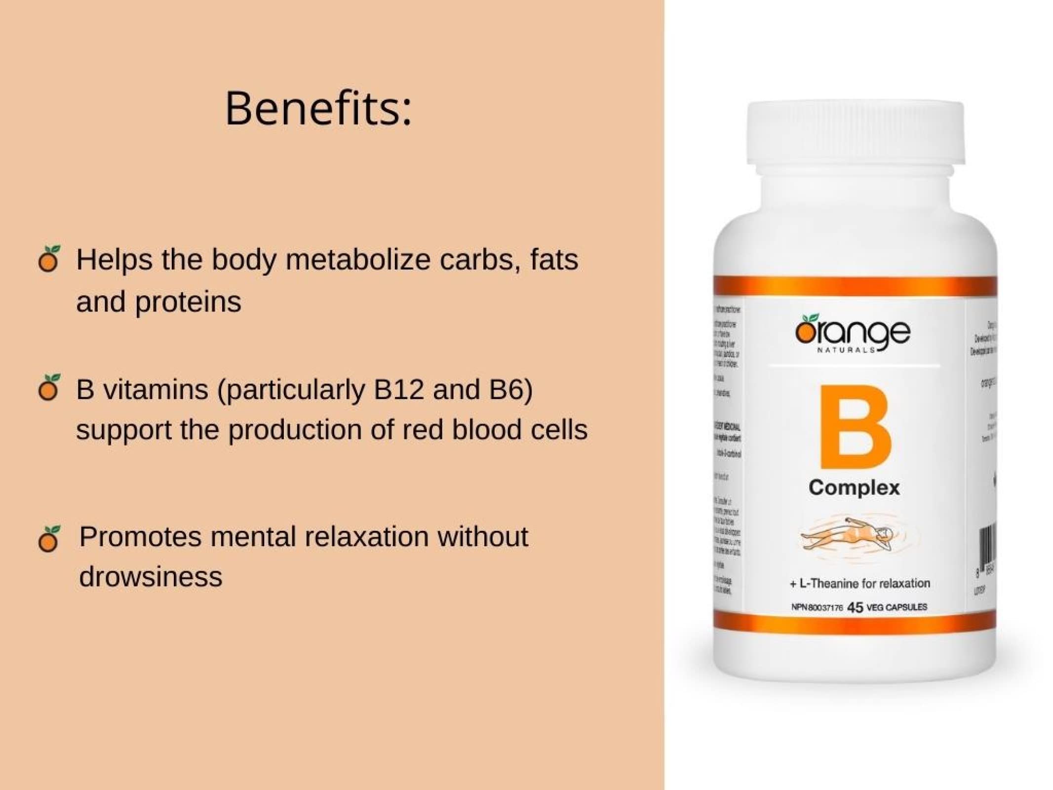 Orange Naturals - Complexe de vitamines B avec L-Théanine, 45 capsules pour 45 jours - Supplément de vitamines du complexe B à base de coenzymes - Spectre complet de vitamines B - Améliore l'énergie, le sommeil et favorise la relaxation mentale