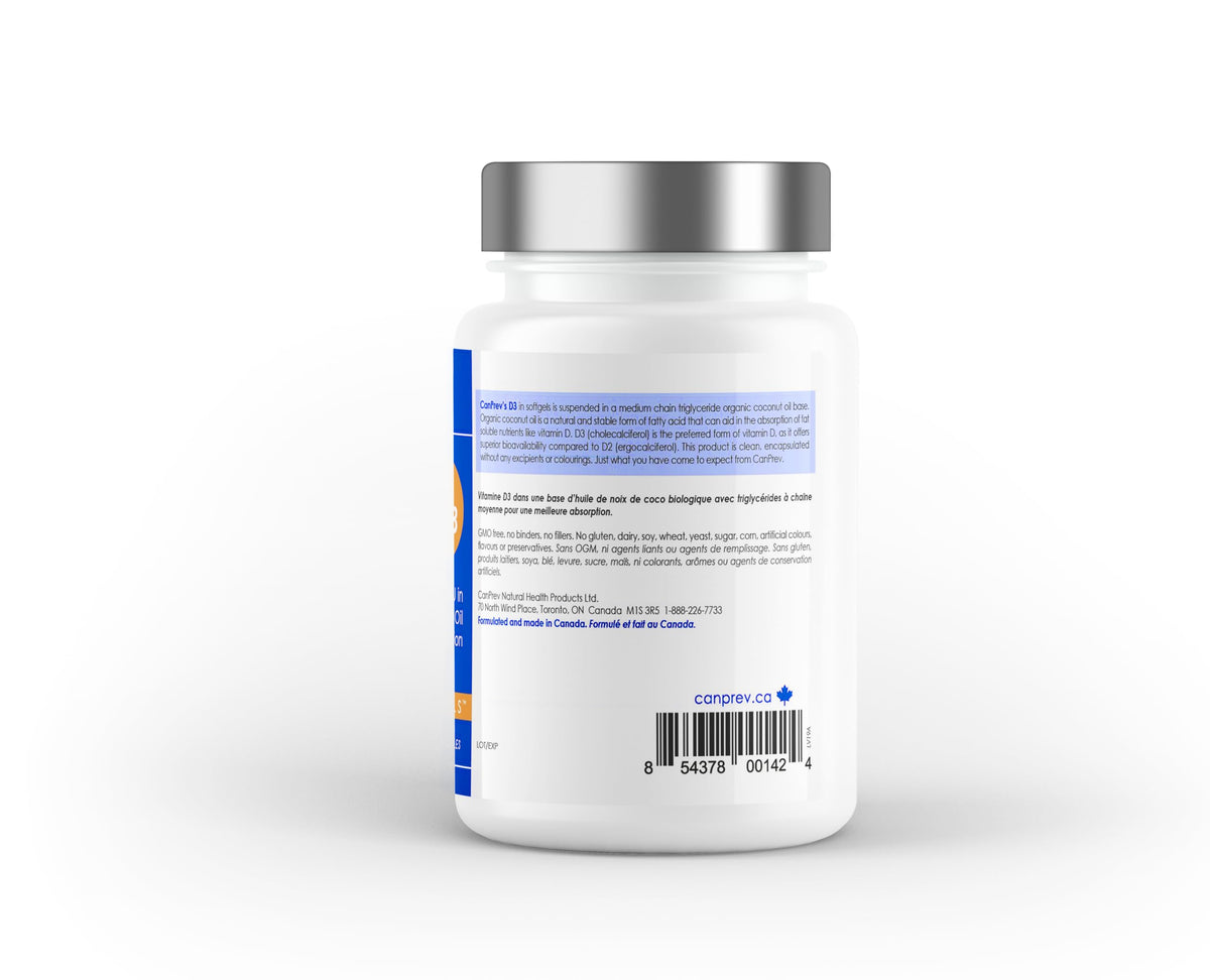 CanPrev Vitamin D3 1000 IU Softgels, Organic Virgin Coconut Oil, 120 Count