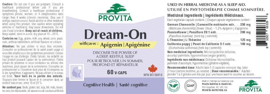 Provita Dream-On™ avec Apigénine, Pavot de Californie, Passiflore et L-Théanine | Aide Naturelle au Sommeil et au Soulagement du Stress | Supplément de Soutien au Sommeil Sans Mélatonine pour Adultes | NPN 80136916