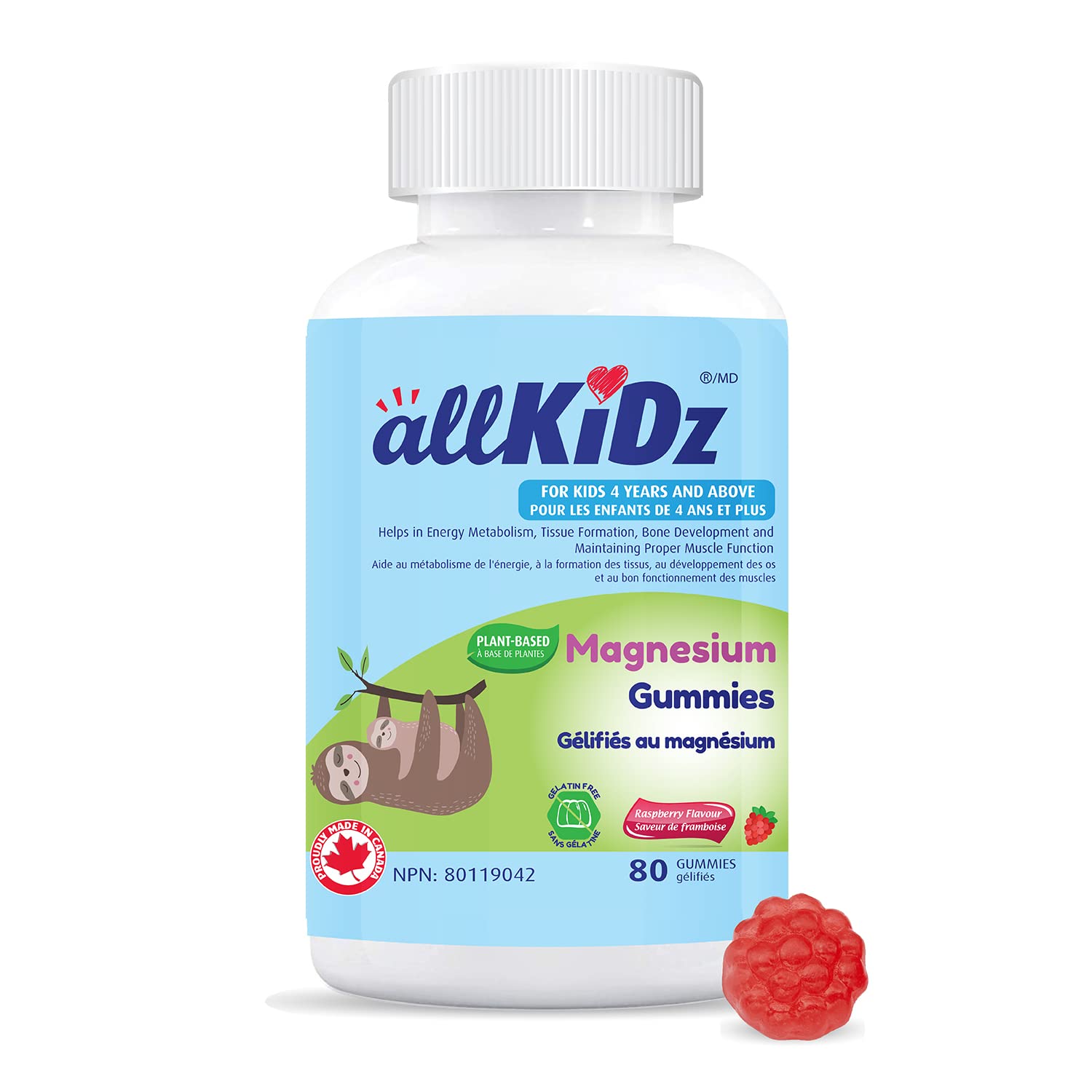 allKiDz Magnesium Gummies for Kids Children Sleep Mood Relaxing Supplement, Made in Canada, 55mg Magnesium Citrate per Gummy, Vegan Pectin Plant-based, Great Tasting Better Absorption, Raspberry Flavours, 80 Count