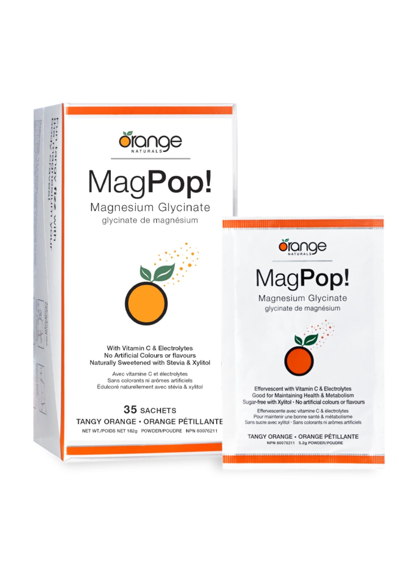 Orange Naturals - MagPop! Poudre effervescente de glycinate de magnésium avec vitamine C, 35 sachets, pour 35 jours - Équilibre électrolytique, favorise le sommeil, la relaxation et la fonction musculaire, la santé des os et des dents