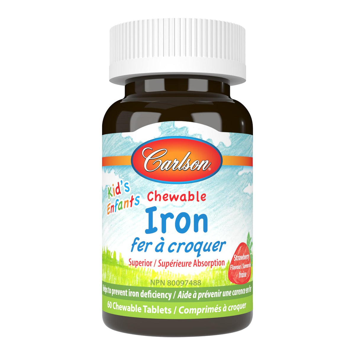Carlson - Kid's Chewable Iron, 15 mg, Superior Absorption, Energy Production, Optimal Wellness, Non-GMO, Strawberry, 60 Chewable Tablets