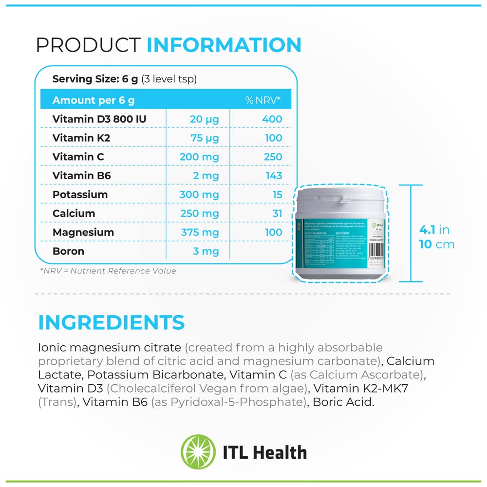 MAG365 ITL Health BF Plus Calcium, 210g 35-Servings - Ionic Magnesium Citrate Powder, Natural Citrus Flavor - Vitamin K2 D3 with Zinc, B6, C, Calcium & Potassium - Bone Support Formula for Men & Women