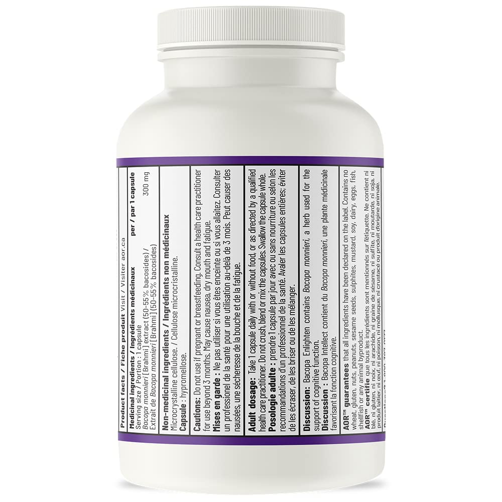 AOR Bacopa Enlighten 300mg - Supplément végétalien et sans gluten pour le soutien cognitif, la clarté mentale et la relaxation, extrait de Bacopa Monnieri, favorise la concentration et un sommeil réparateur