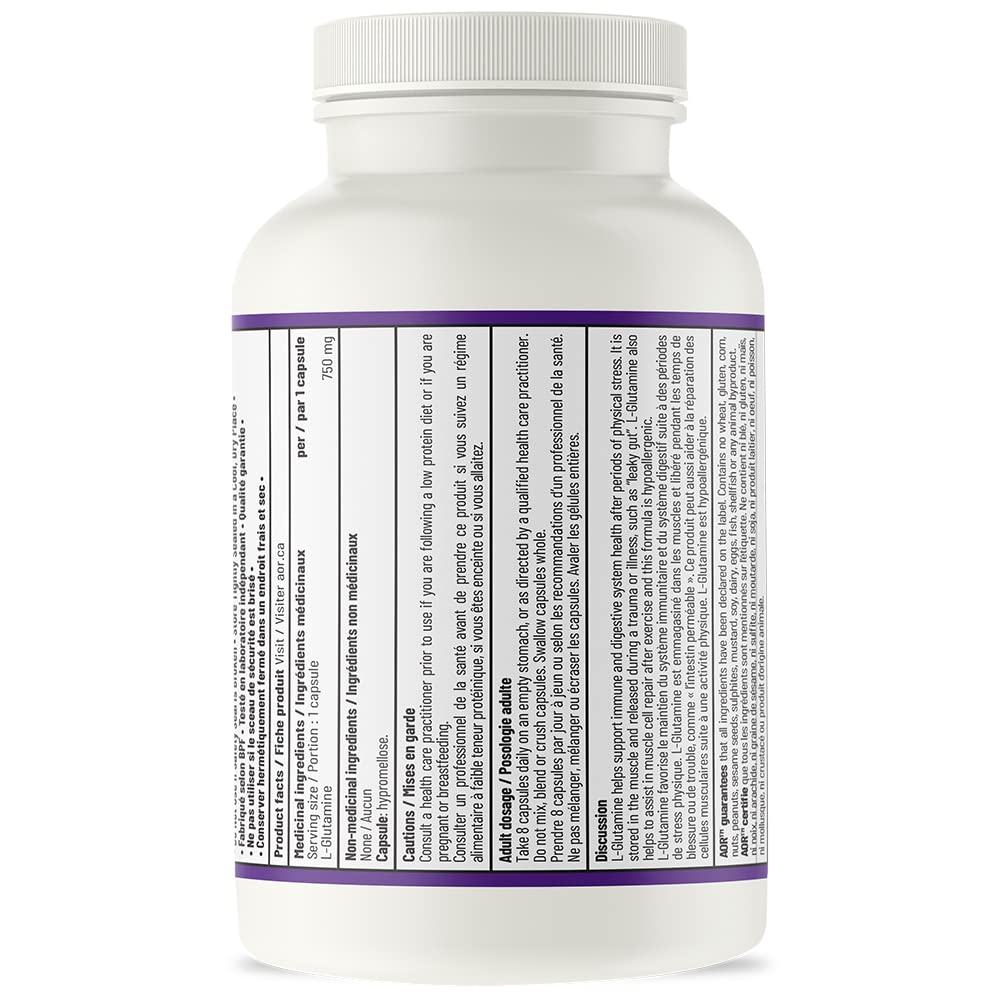 AOR L-Glutamine 750mg, 120 Gélules - Supplément de L-Glutamine pour la Santé Intestinale et la Récupération, Soutient le Confort Digestif - Végétalien, Sans Gluten et Sans OGM - Idéal pour les Modes de Vie Actifs