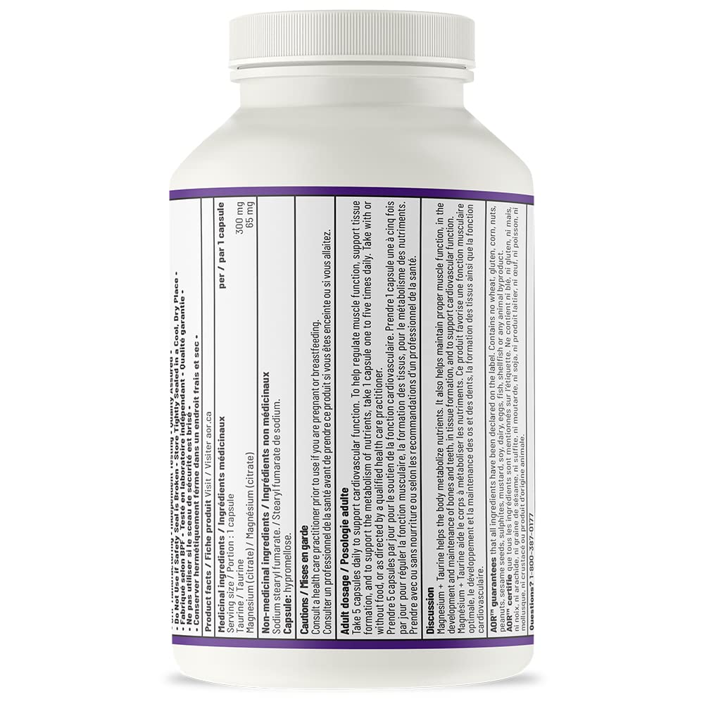 AOR Magnesium + Taurine 365mg, 180 Caps 36-Day Supply - Magnesium-Citrate with Taurine Supplements for Energy Production, Strong Bone, Muscle Relaxation & Circulatory System Support - Vegan & Non-GMO