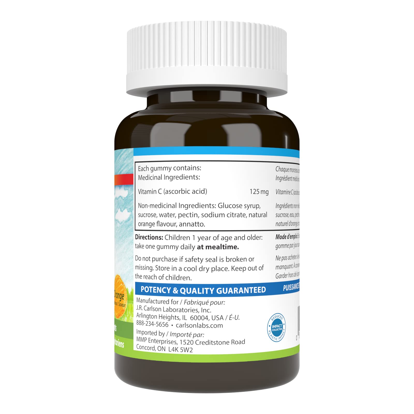 Carlson - Gommes de vitamine C pour enfants, 125 mg, bien-être optimal, sans OGM, orange, 60 gommes végétariennes