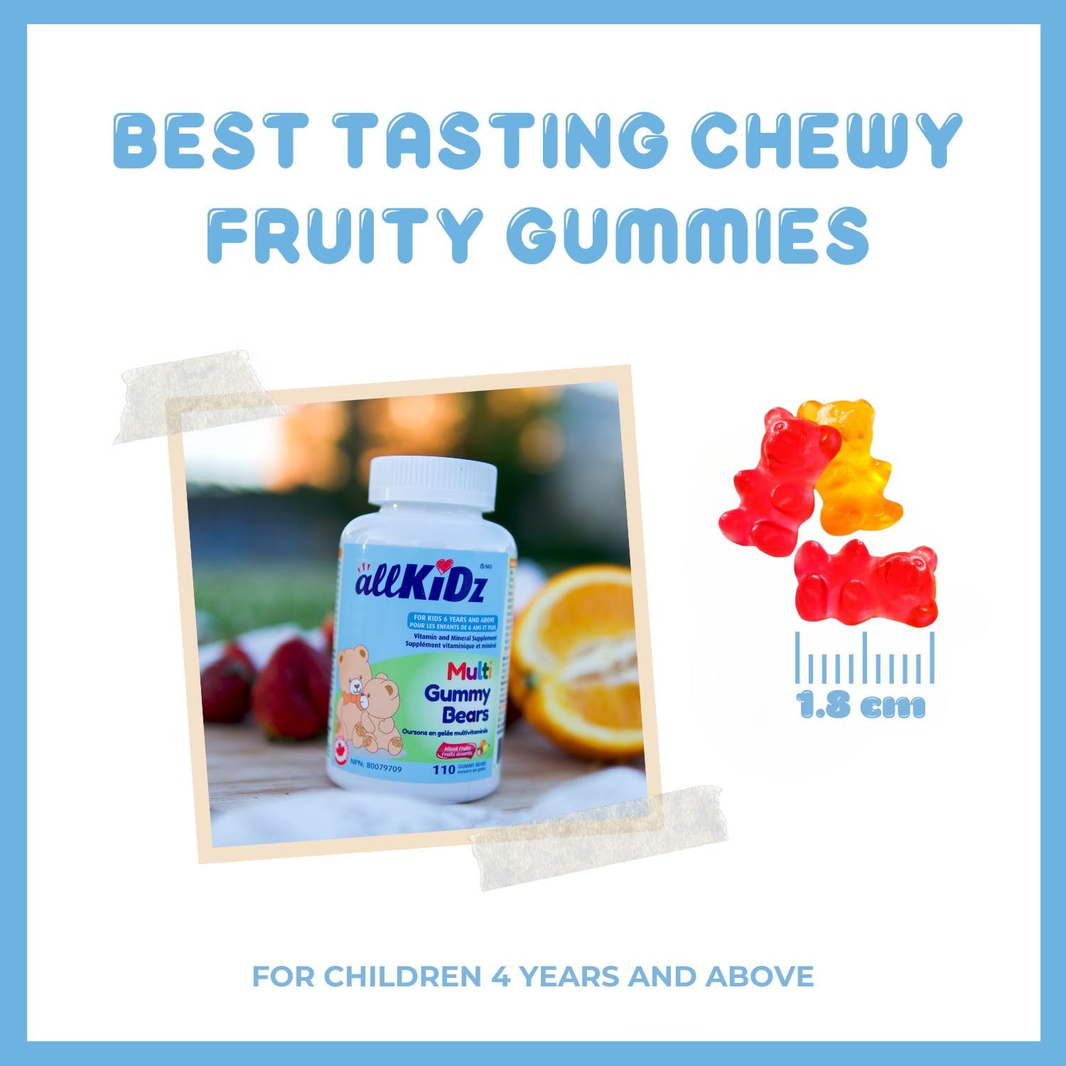 allKiDz Multivitamin Gummy Bears for Kids Children, Made in Canada, Complete Multi Vitamin Mineral Supplement, 11 Essential Nutrients Including Folate, Vitamin A, B, C, D3, E and Zinc for Immune Health, Natural Fruit Flavours, Bear Gummies, 110 Count